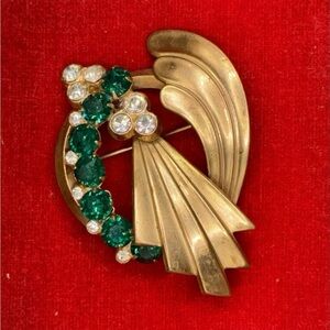 Emerald Green / Clear Rhinestones | Sculptural Gold Tone | MCM Statement Pin